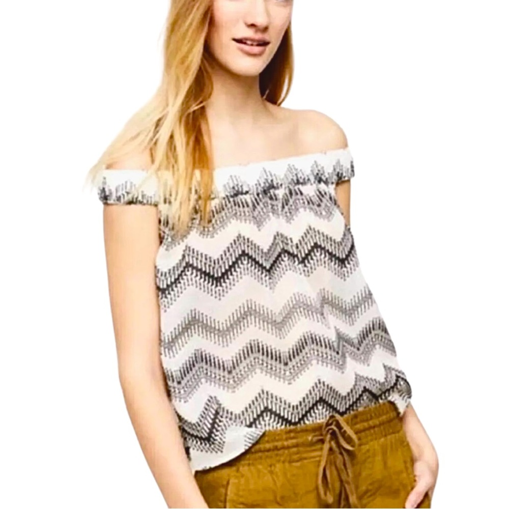 Lou & Grey Blouse Top Off Shoulder Women's Size M Black Gray White Chevr…
